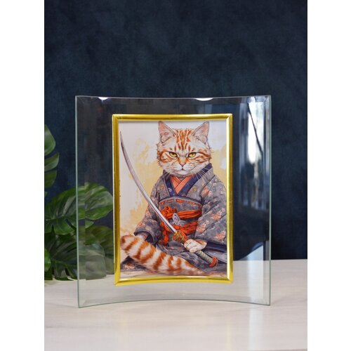 Постер интерьерный, коты самураи в японском стиле, кот воитель Фуку, плакат настольный в стеклянной рамке 13 x 18 см