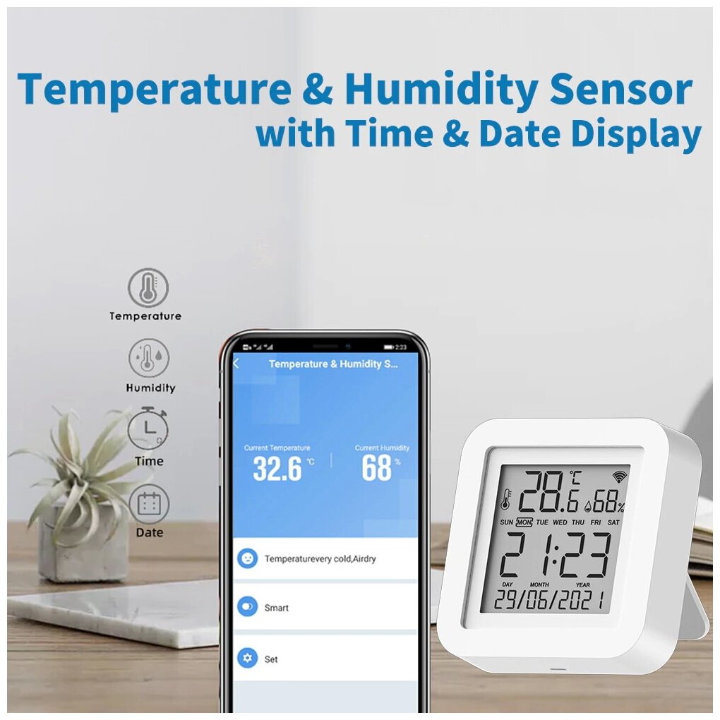 Датчик температуры и влажности Tuya c WiFi работает от USB