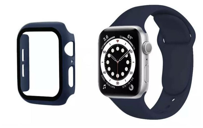 Чехол для Apple Watch 44 mm со стеклом + силиконовый ремешок темно-синий