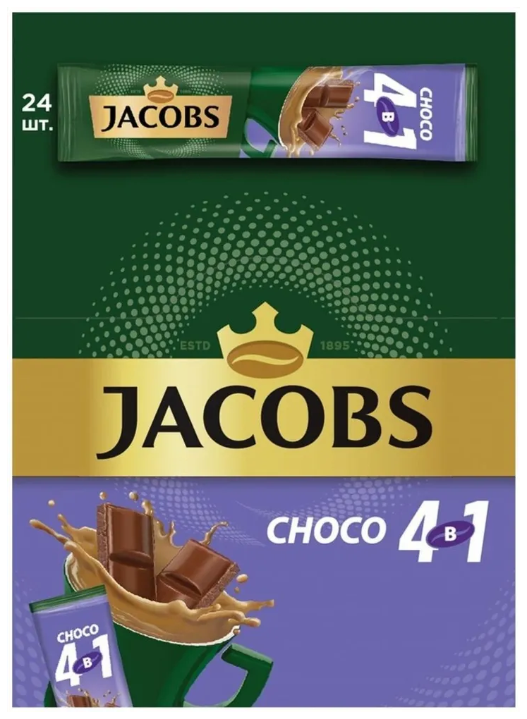 Напиток кофейный Jacobs 4 в 1 Choco, растворимый, 24 стика по 12 г