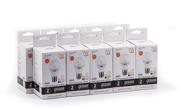 Упаковка ламп LED GAUSS E27, груша, 7Вт, 10 шт. [23217a] - фотография № 2