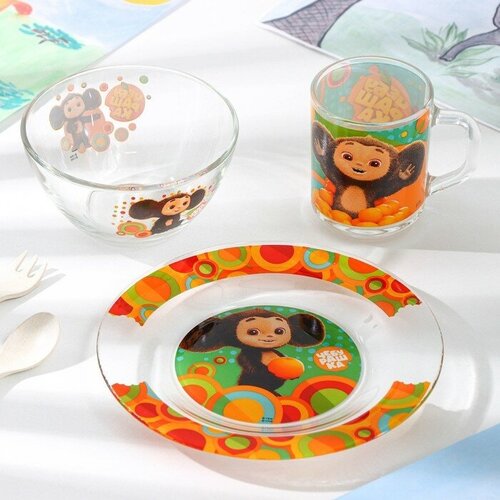ND PLAY Набор посуды «Чебурашка», 3 предмета: тарелка, миска, кружка, в подарочной упаковке, стекло