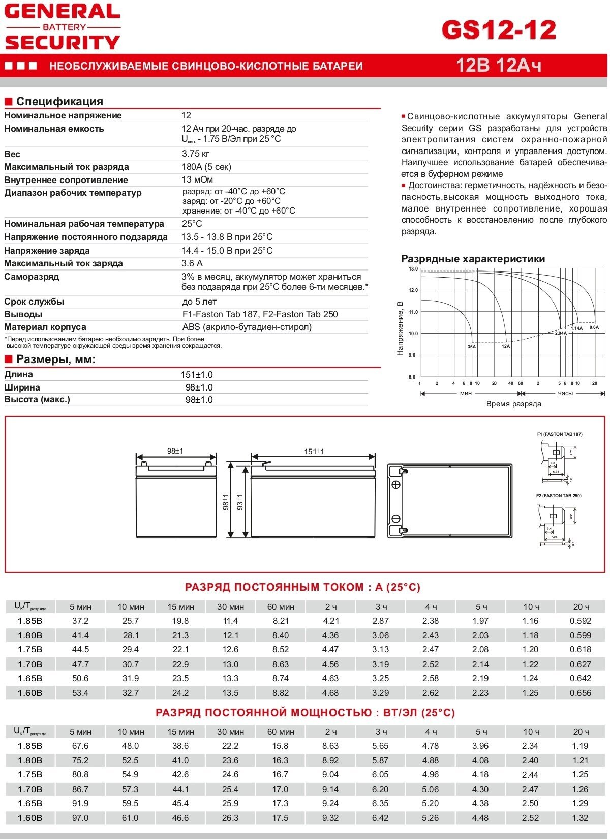 Аккумулятор General Security GS12-12