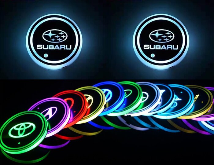Светодиодная подсветка в автомобильные подстаканники с логотипом марки автомобиля SUBARU комплект 2 шт.