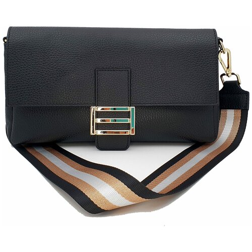 фото Сумка женская кросс-боди attraversiamo olbia, натуральная кожа черная, регулируемый текстильный ремень, кожаный ремень, большая