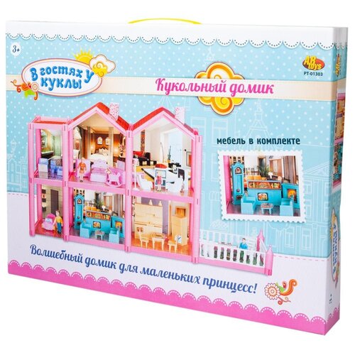 фото Игровой набор abtoys в гостях у куклы дом кукольный, с мебелью и человечками, 136 деталей, в коробке