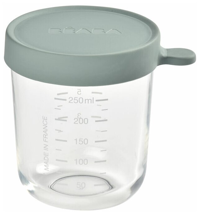 Beaba Контейнер стеклянный, с крышкой, 250мл, для хранения продуктов (Серо-зеленый)