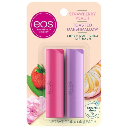 EOS Набор бальзамов для губ Strawberry Peach and Toasted Marshmallow 2-pack Lip Balm Клубничный Персик и Жареный Зефир, 8 г