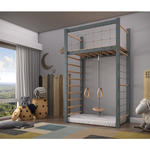 Спортивный комплекс KidPoint J1, дерево, нагрузка до 100 кг, серый. 7 в 1