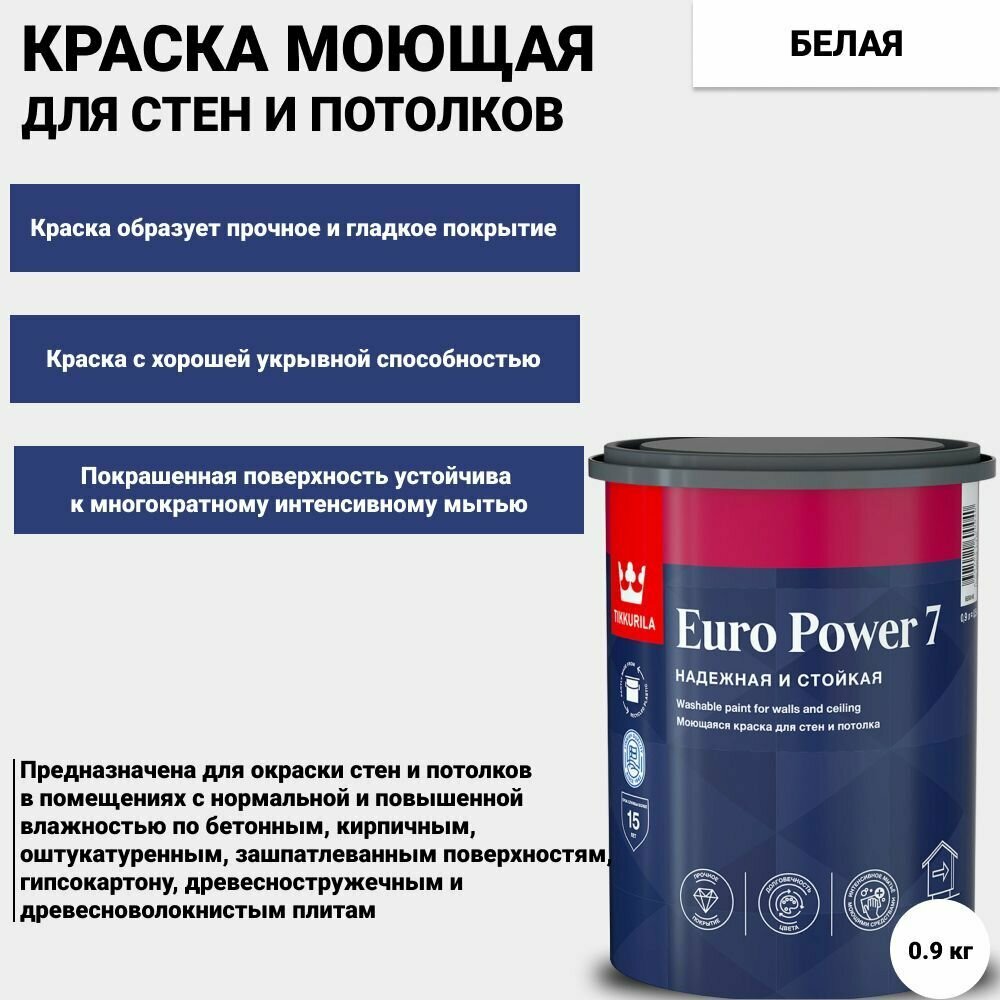 Краска интерьерная Tikkurila EURO POWER 7 / Тиккурила Евро Пауэр 7 для стен моющаяся белая 0,9 л.