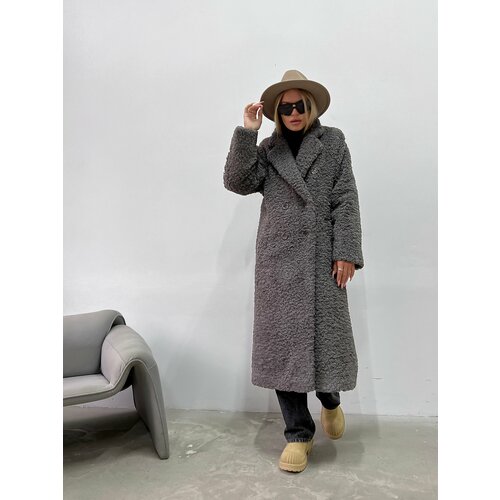 Шуба-чебурашка , удлиненная, оверсайз, пояс/ремень, размер 44, серый