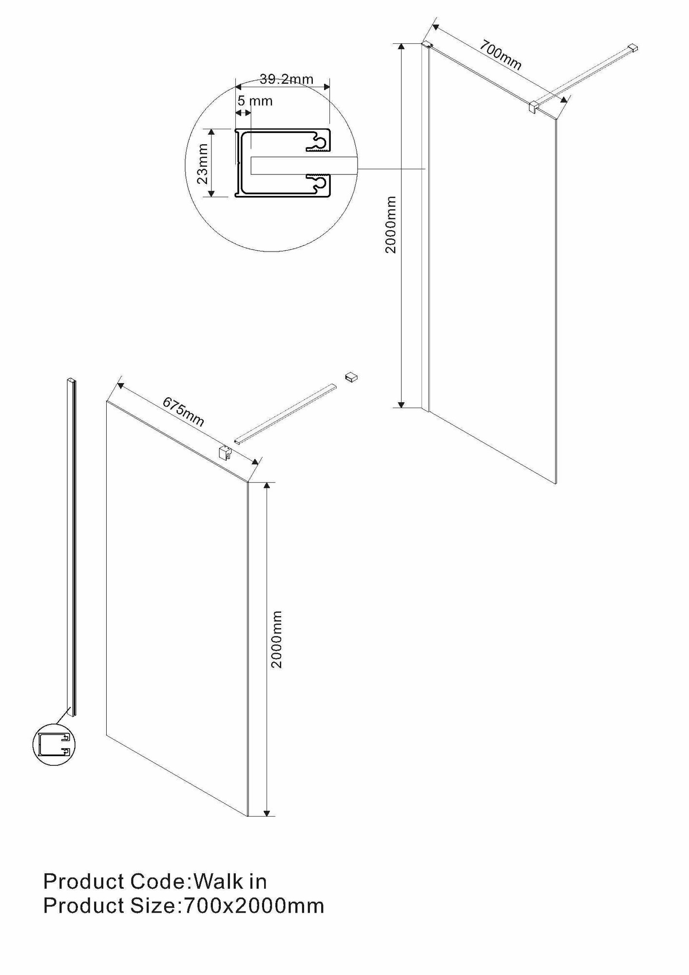 Душевая перегородка Vincea Walk-In VSW-1H700CLGM, 700х2000, вороненая сталь, стекло прозрачное