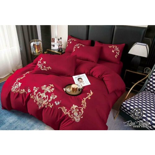 Комплект постельного белья (с вышивкой) Rus Bella Сатин-люкс Евро. Пододеяльник (на молнии) 200х220 см.-1шт. Простыня (стандартная) 220х240 см.-1шт. Наволочки (без ушек) 50х70 см.-2шт. Наволочки (без ушек) 70х70 см.-2шт. красный