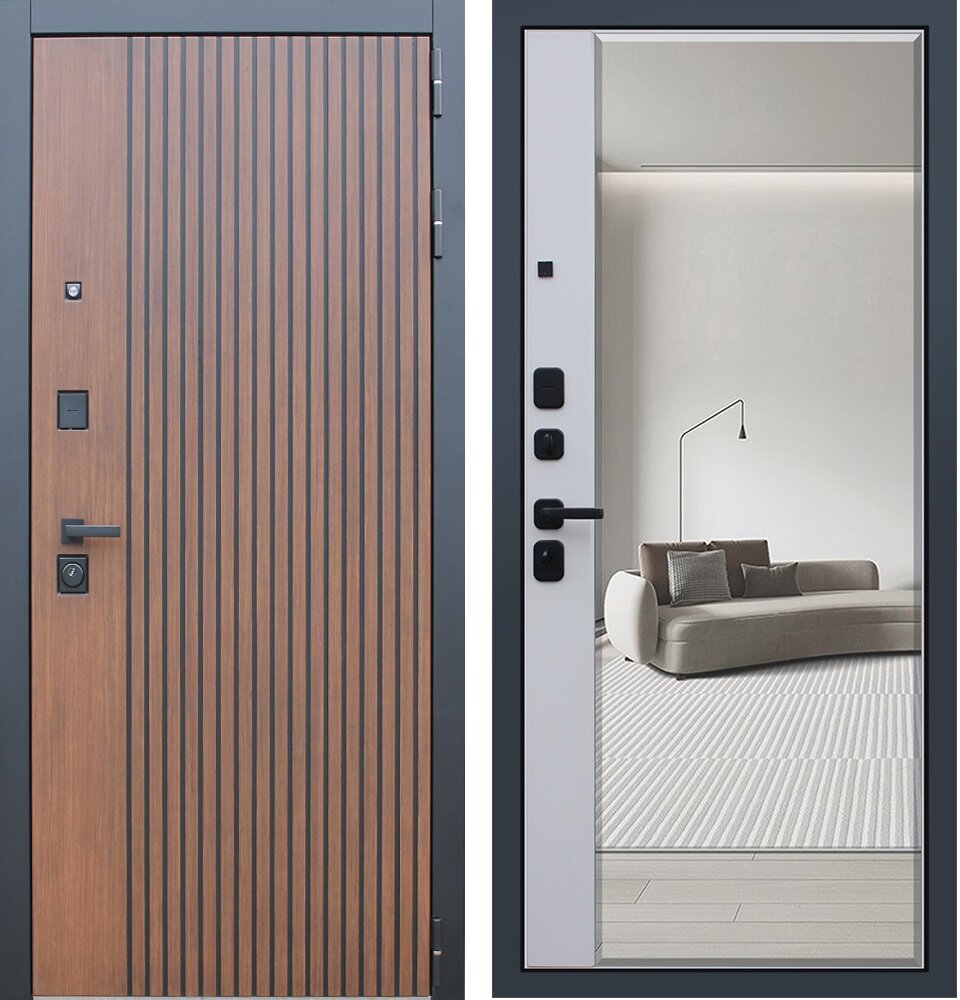 фото Входная металлическая дверь с зеркалом "Вельвет" дуб кантри темный, черное патирование по фрезеровки / Большое зеркало капучино ZB 853-2 (темно-белый) 960 мм правая