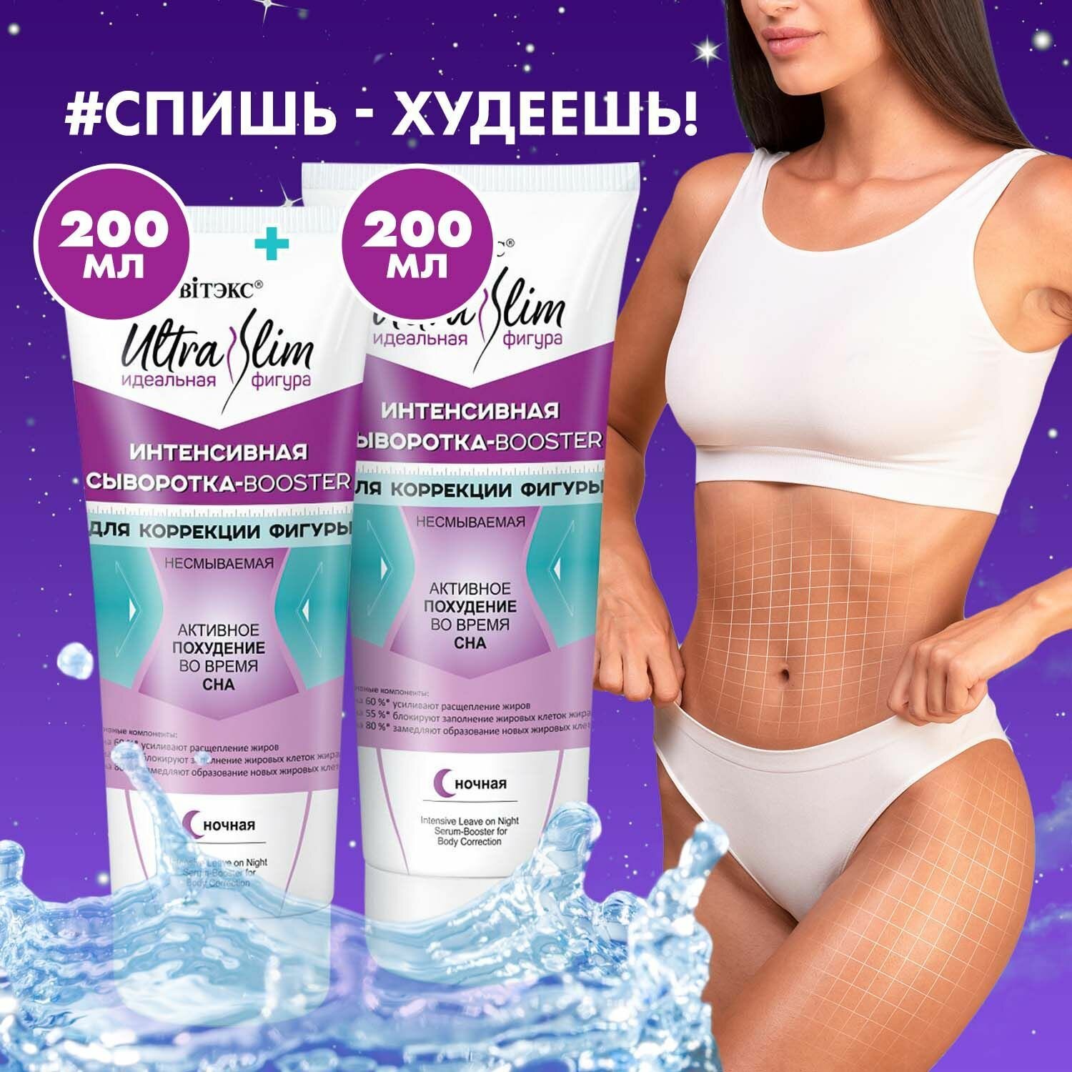 Белита Сыворотка для тела Vitex Ultra Slim, 400мл, антицеллюлитная несмываемая для коррекции фигуры (2 штуки по 200 мл)