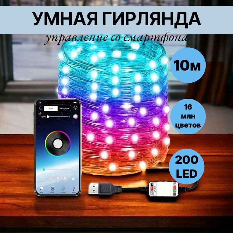 Умная гирлянда для дома и улицы на елку RGB 10 метров, управление с смартфона
