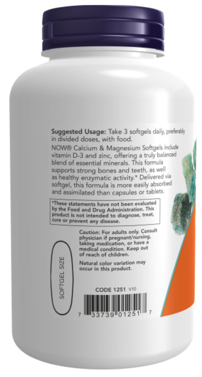 Изображение NOW Foods, Calcium Magnesium Vitamin D3 and Zinc softgels, Кальций Магний Витамин Д3 цинк в мягких капсулах, 120 шт.