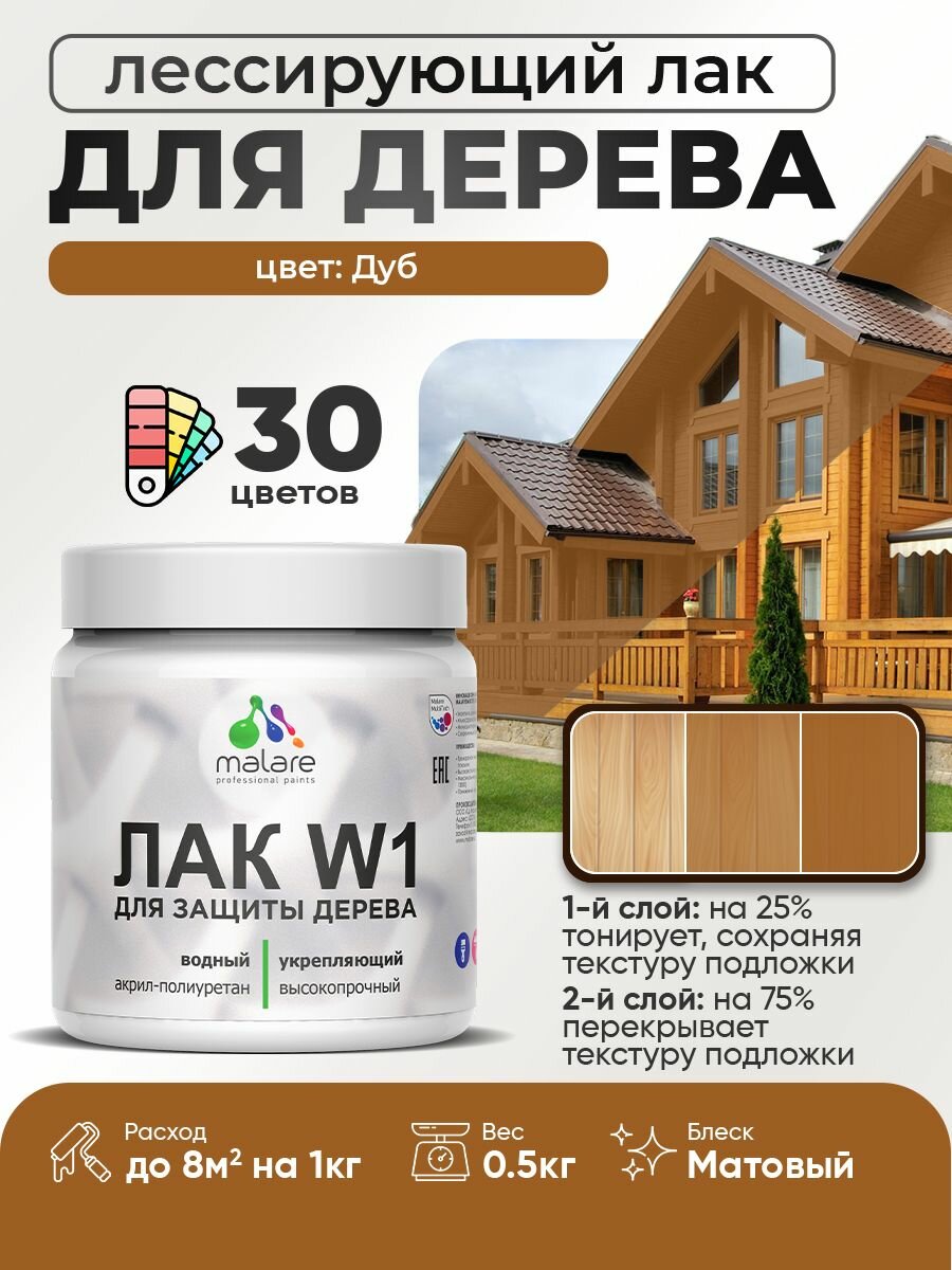 Лак колерованный тонирующий для дерева Malare W1 для деревянных и минеральных поверхностей моющийся без запаха быстросохнущий матовый дуб 0.5 кг.