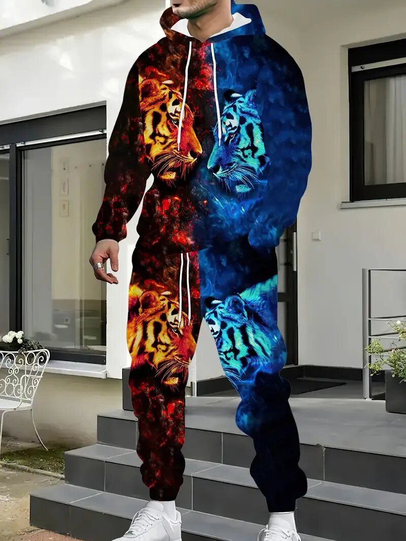 New Lion King Pattern Men's Hoodies Set 3d Printed Animal Clothing long Sleeves+ pants 2-pcs Casual Fashion Tracksuits, S