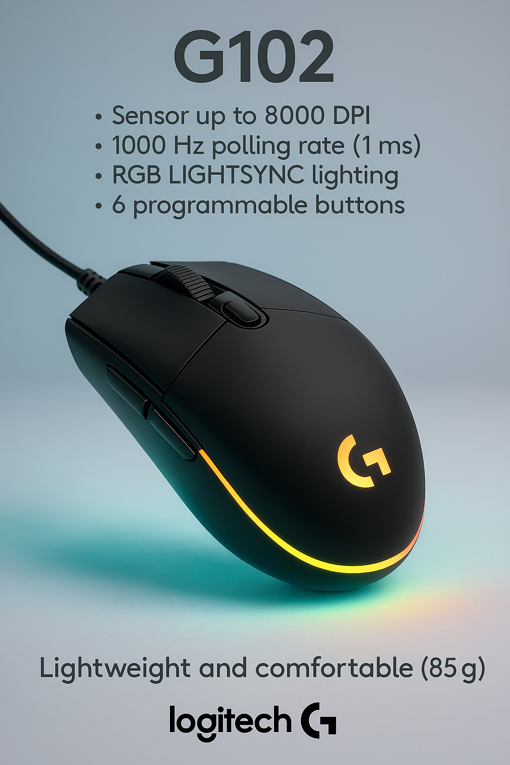 Проводная игровая мышь Logitech g102 LIGHTSYNC, RGB, 8400 DPI, 6 кнопок ПО Logitech G HUB + коврик Logitech в подарок