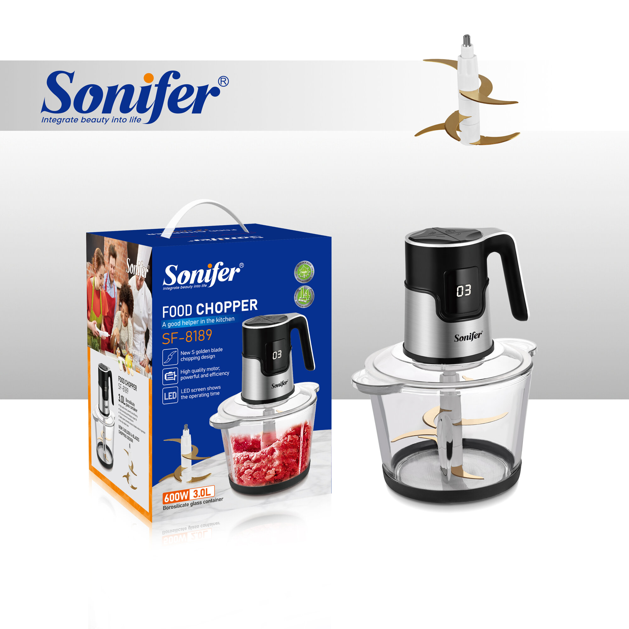 Измельчитель Sonifer SF-8189, 2,5 л, с золотым лезвием, электрический, 600Вт, с венчиком для взбивания