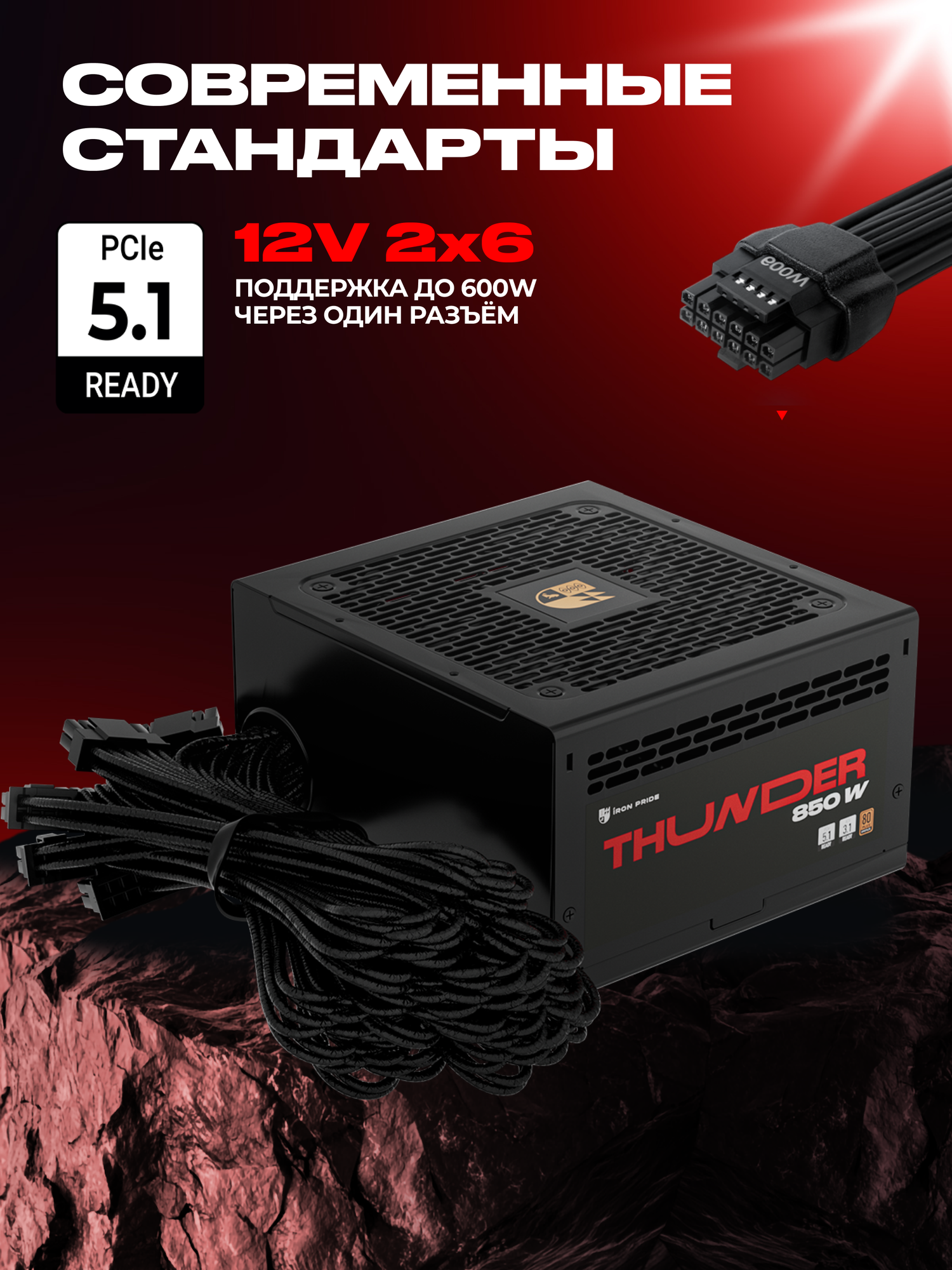 Блок питания Thunder 850W 80+Bronze ATX3.1+PCI-E 5.1(12V 2x6)+DC-DC+APFC+3 года гарантии — фото 1