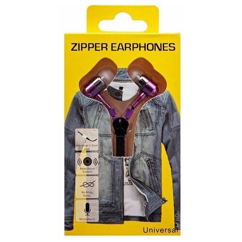 Проводные наушники с микрофоном внутриканальные Zipper 35 Jack сиреневые 1 упаковка 32900₽