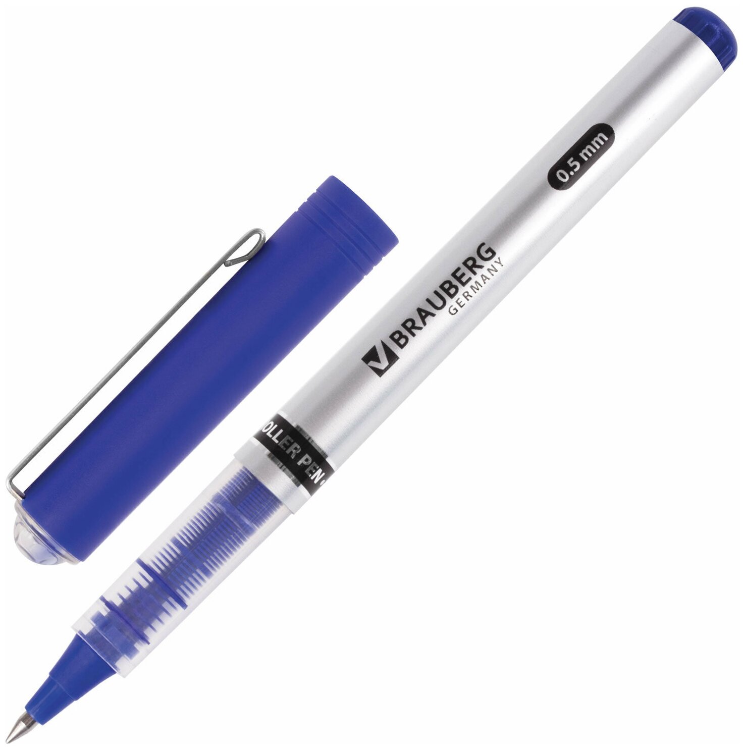 Ручка-роллер Brauberg Flagman, корпус серебристый, хромированные детали, 0,5 мм, линия 0,3 мм, синяя, 1 шт (141556)