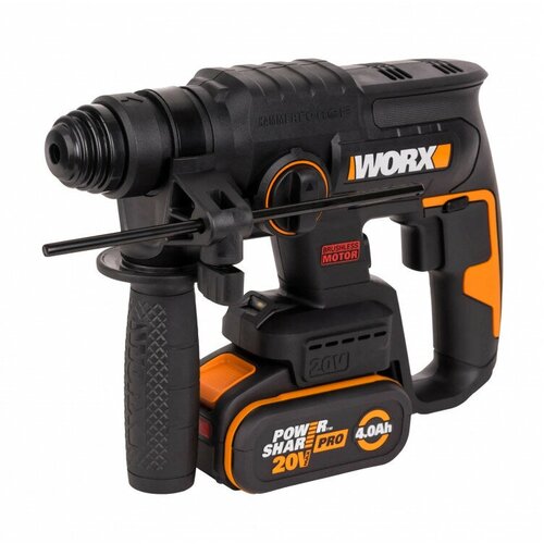 Перфоратор аккумуляторный бесщеточный WORX WX381, 20В, 4Ач, ЗУ 2А, кейс перфоратор аккумуляторный бесщеточный worx wx381 9 20в без акб и зу коробка