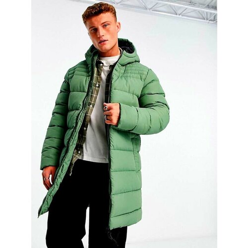 Куртка мужская Threadbare Longline puffer jacket with hood in pale Green, зеленая, размер M (48)