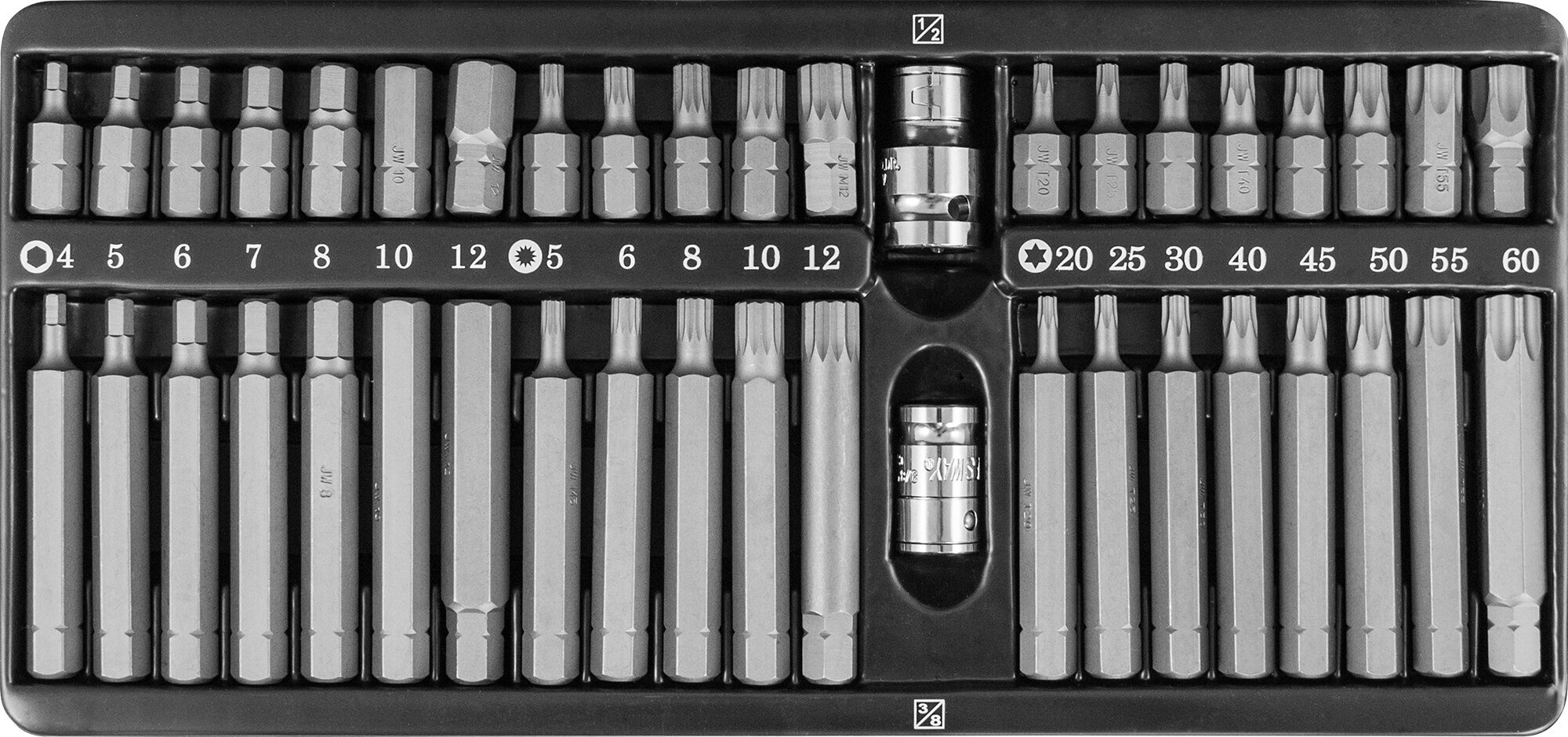 Набор вставок-бит 10 мм шестигранных h4-12 мм, torx т20-т60, spline м5-м12 (30 и 75 мм), 42 предмета Jonnesway S29H4142SM