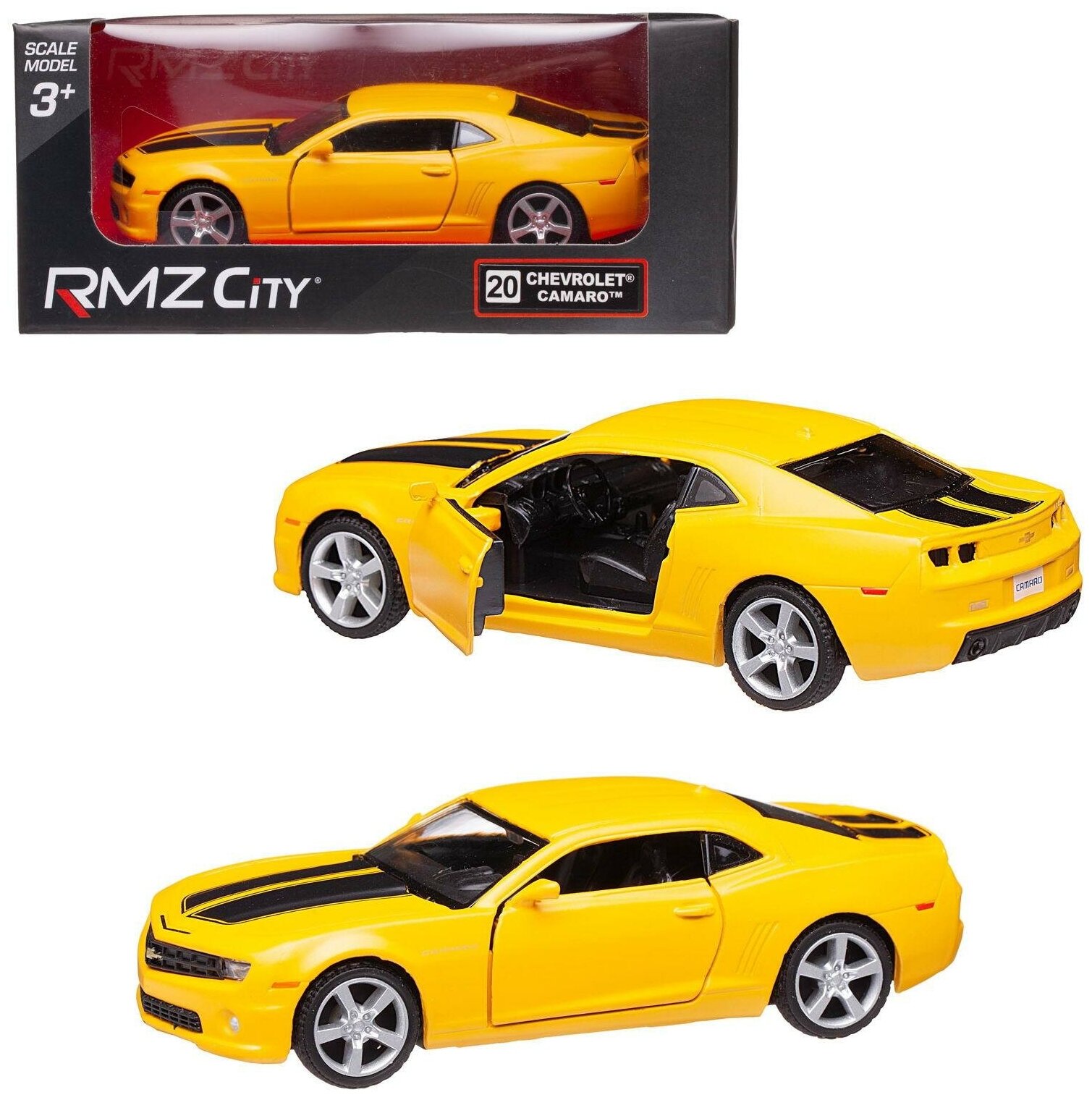 Машина металлическая RMZ City серия 1:32 Chevrolet Comaro 2010, желтый матовый цвет, двери открываются 554005M(A)