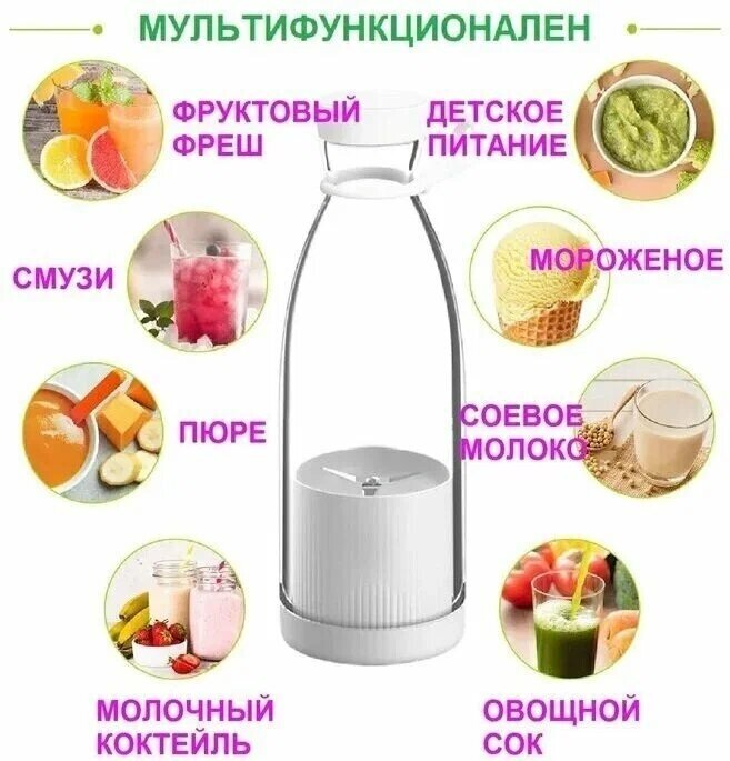 Портативный блендер бутылка для смузи NATURAL JUICE /Беспроводной миксер на 350 мл /включение двойным нажатием кнопки/белый - фотография № 6