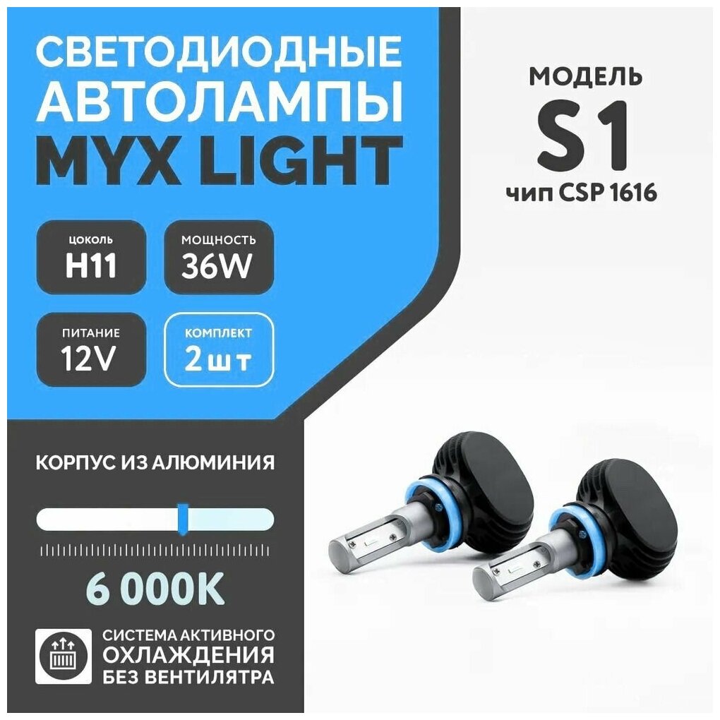 Светодиодные лампы для автомобиля MYX S1 цоколь H11 с напряжением 12V и мощностью 36 W на две лампы, чип CSP 1616 температура цвета 6000K, цена за 2шт.