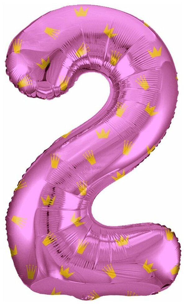 Воздушный шар фольгированный Falali Цифра 2, Золотые короны, розовый, 86 см