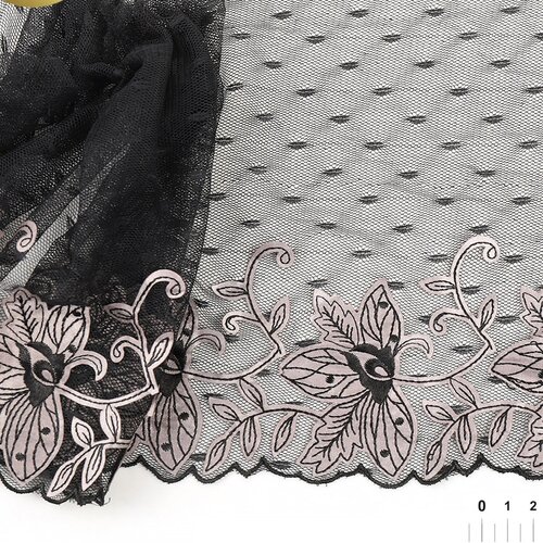 вышивка для одежды Кружево вышивка на сетке KRUZHEVO, арт. TBY. OG43, ширина 205мм, цвет черный, правая, уп.6м
