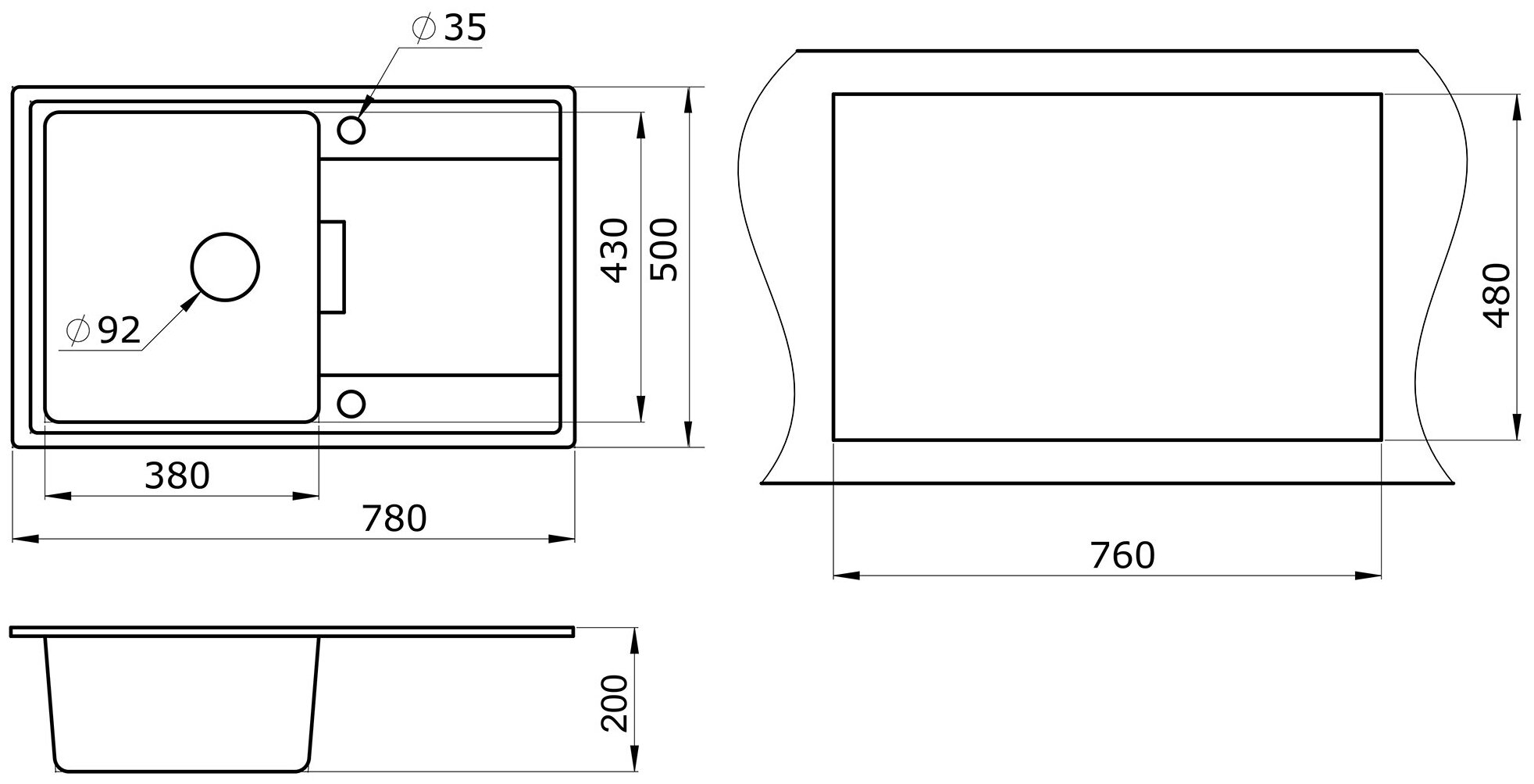 Кухонная мойка кварцевая Granula GR-7804 прямоугольная с крылом, врезная, чаша 380x430, цвет пирит (7804pr) - фотография № 3