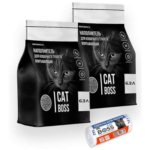 Наполнитель для кошачьего туалета впитывающий CatBoss, 12,6 л (2х 6,3л) + пакеты для кошачьего туалета ( 20 шт) CatBoss