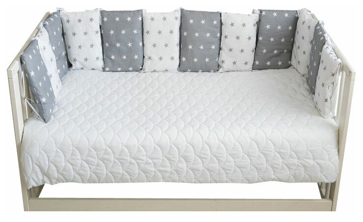Бортики для детской кровати, цвета: серый и белый со звездами