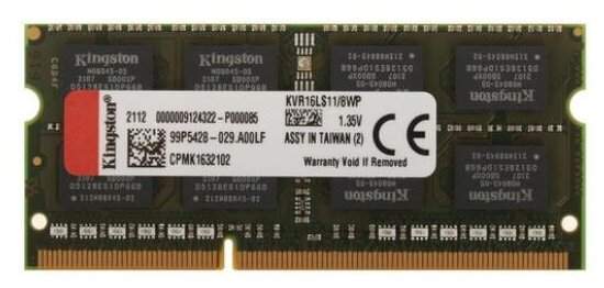 Модуль памяти SO-DIMM DDR3L 8Gb PC12800 1600Mhz Kingston (KVR16LS11/8WP)