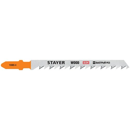 STAYER T144DF, полотна для эл/лобзика, Bi-Metal, по дереву, ДВП, ДСП, Т-хвостовик, шаг 4мм, 75мм, 2шт, STAYER Professional stayer t119bo полотна для эл лобзика hcs по дереву дсп фигур рез т хвостовик шаг 2мм 50мм 2шт stayer professional