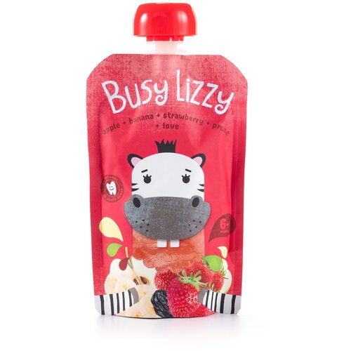 Пюре Busy Lizzy Яблоко, банан, клубника и чернослив, с 6 месяцев, 100 г пюре busy lizzy из яблок банана клубники чернослива 100 г