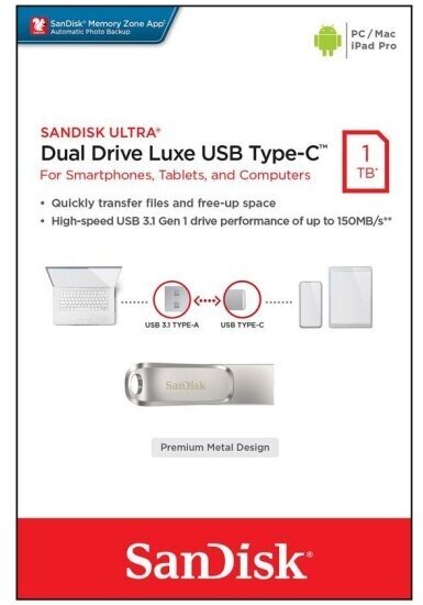 USB флешка Sandisk 1Tb Ultra Dual Drive Luxe USB 3.1 gen 1/ USB Type-C 150 Mb/s