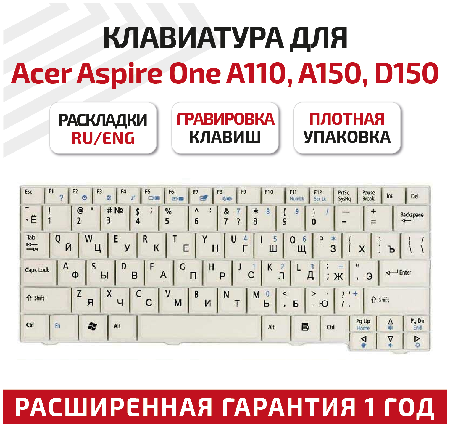 Клавиатура (keyboard) 9J.N9482.00R для ноутбука Acer Aspire One A110, A150, D150, eMachines eM250, Gateway LT10, LT20, Packard Bell Dot S, белая