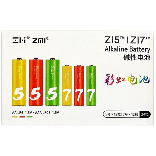 Батарейка алкалиновые Xiaomi ZMI Rainbow Zi5 AA/Zi7 AAA (12+12 шт.) (LR24) набор алкалиновых батареек xiaomi zmi rainbow 12 аа 12 ааа lr24 box 1 5 в 24 шт