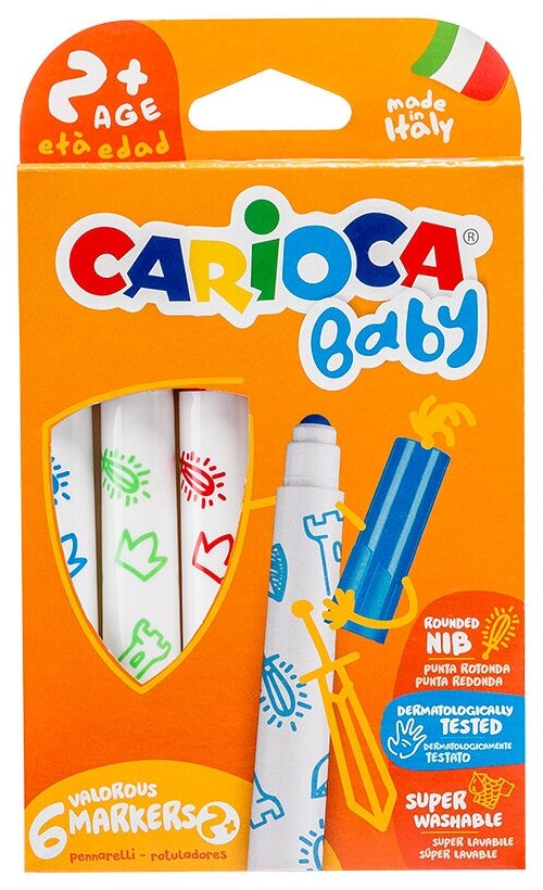 Набор фломастеров 6 цветов Carioca Baby (линия 3мм, смываемые, утолщенные) картонная упаковка (42813)