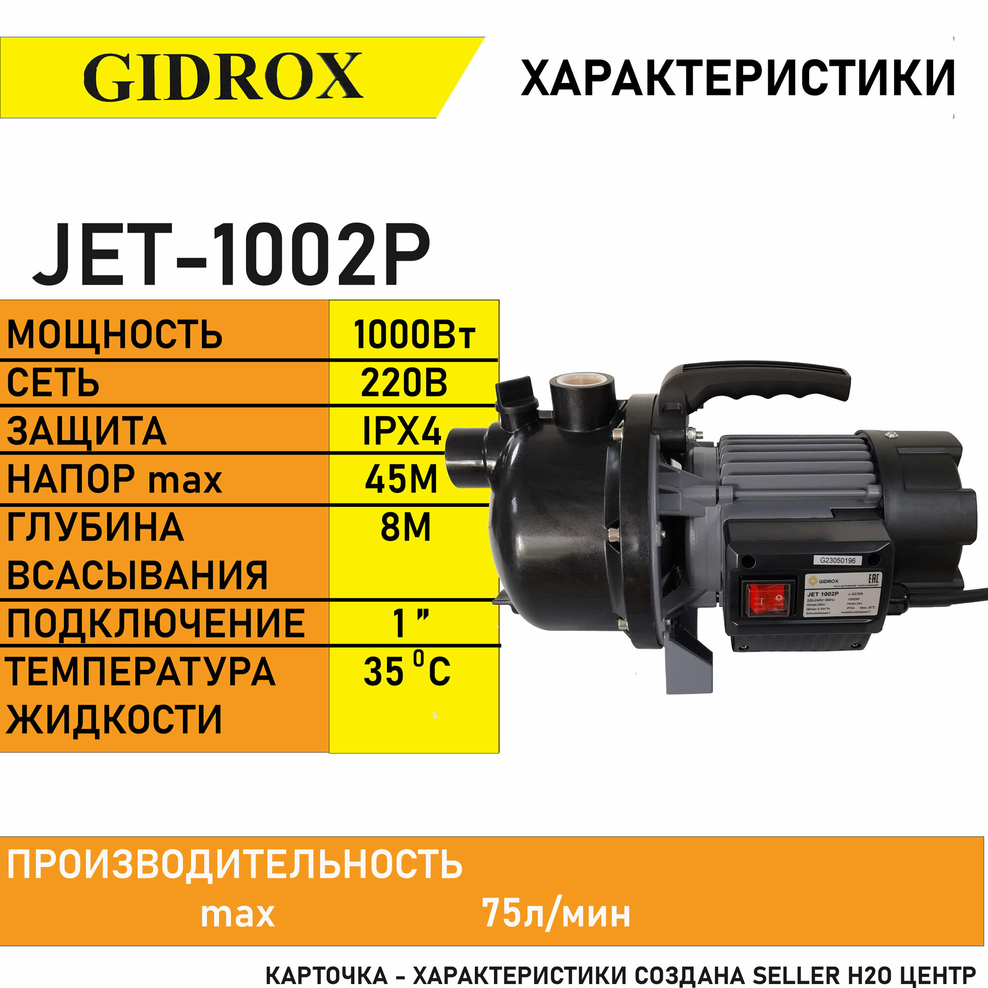 Насос для воды поверхностный корпус пластик GIDROX JET-1002P - фотография № 3