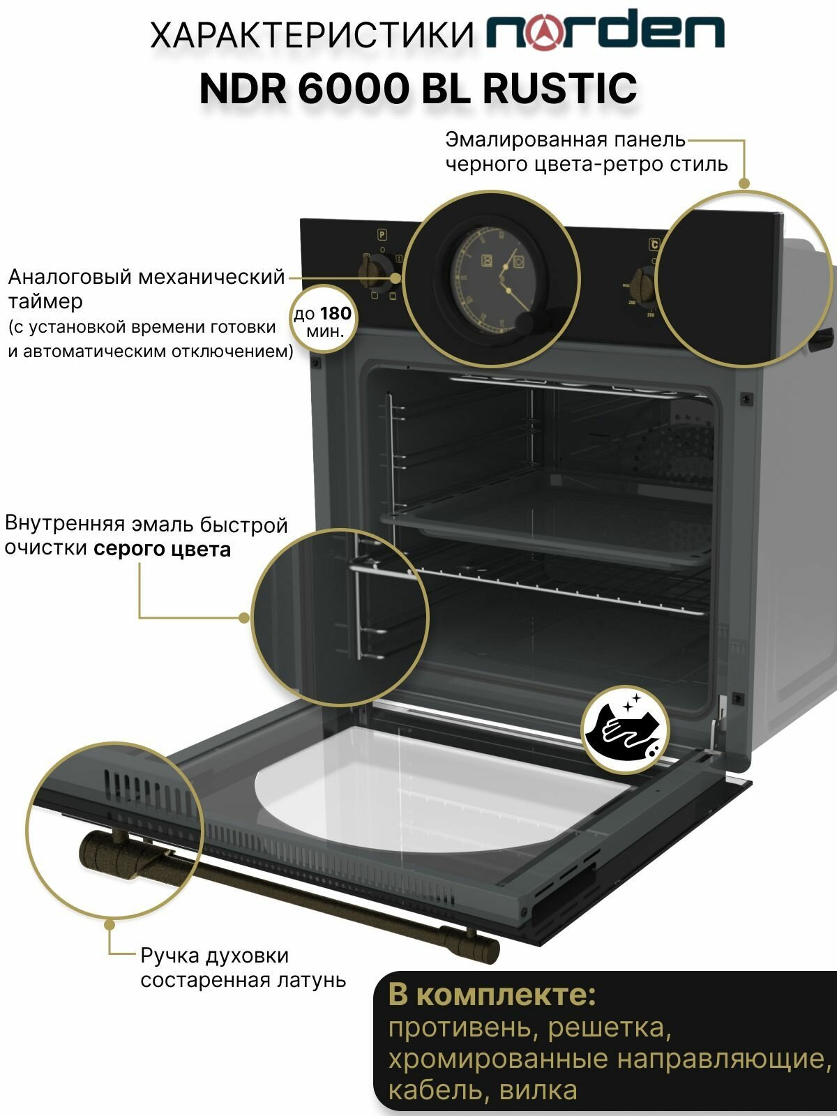 Духовой шкаф электрический встраиваемый NORDEN NRD 6000 BL RUSTIC 72 л - фотография № 3