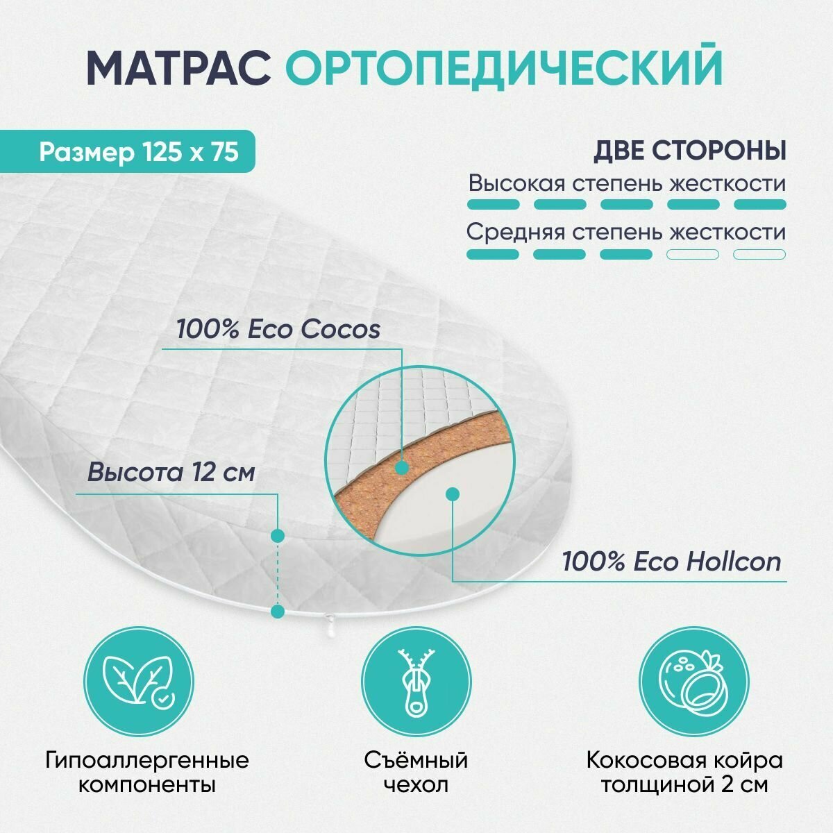 Детский матрас Comfy-Meb овальный, 125 х 75, беспружинный, двусторонний, съемный чехол