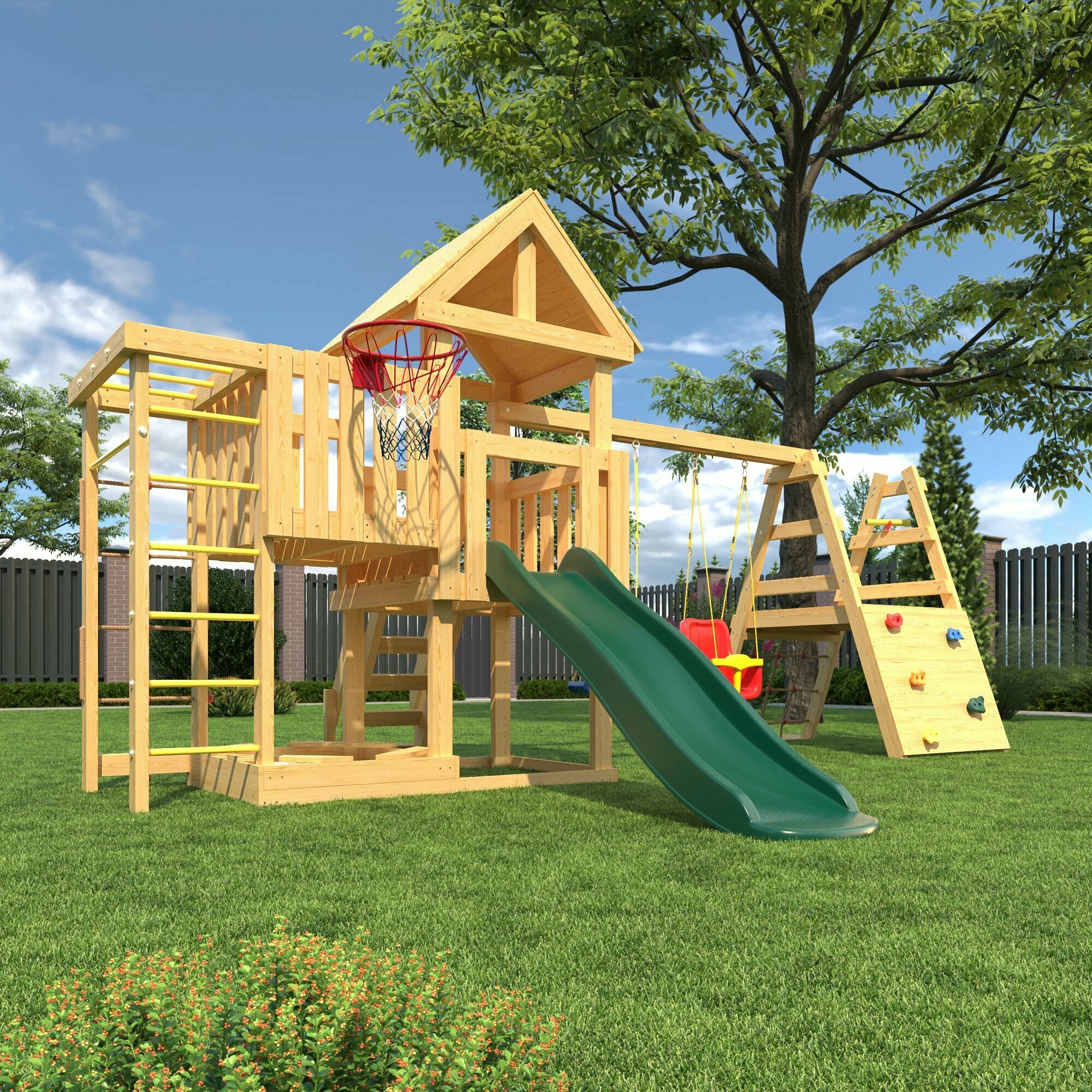 Детская деревянная игровая площадка для улицы дачи CustWood Junior J15 с деревянной крышей